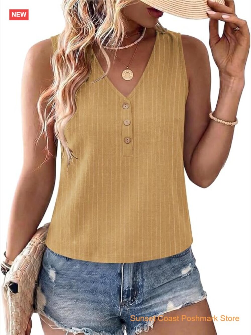 Linen Blend V Neck Tank Top Sleeveless Summer Top